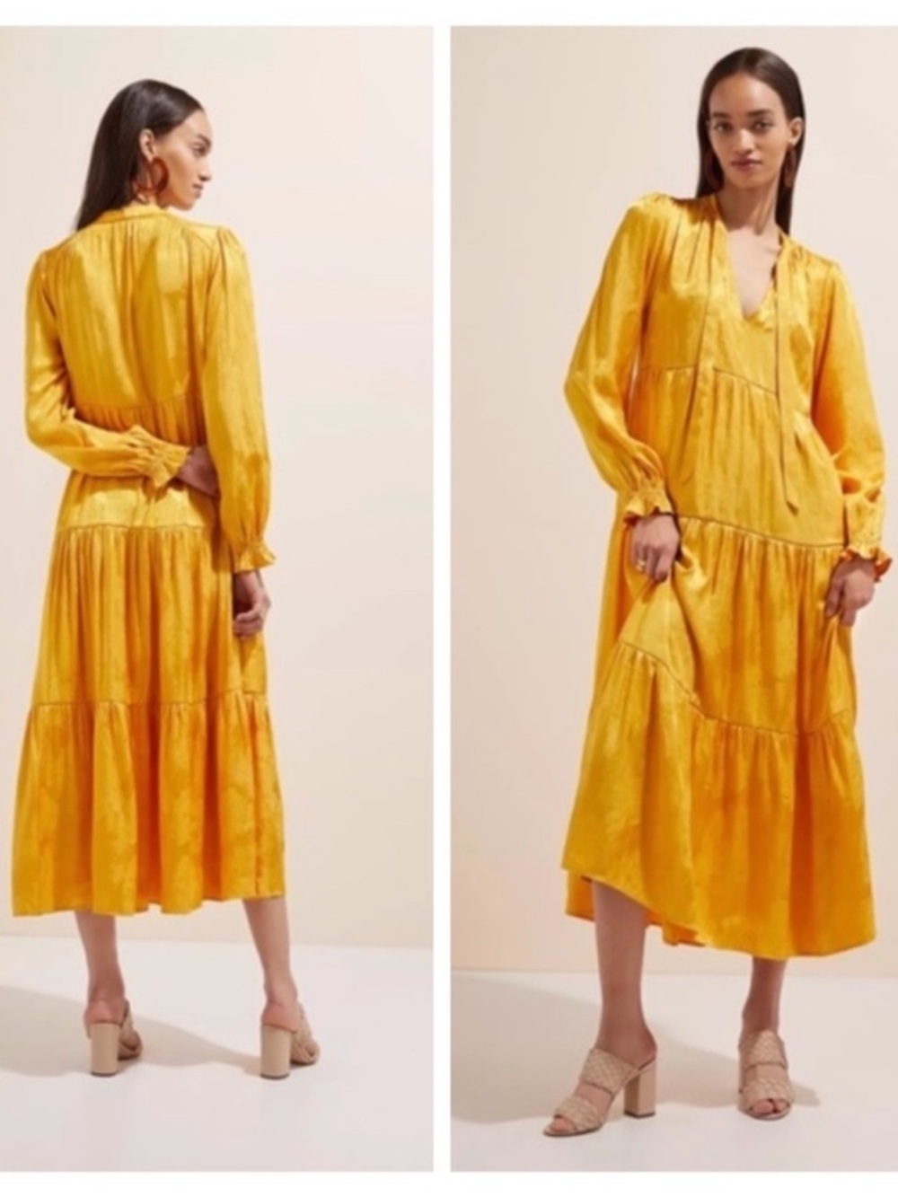 Anthropologie Maeve Maize Tiered Floral Embossed Tie Neck Maxi Dress Size XS